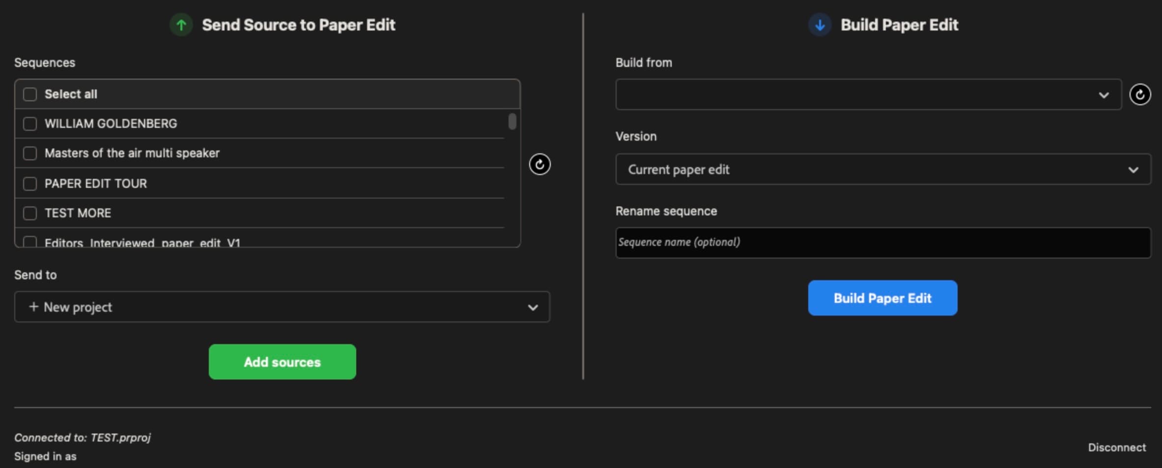 The Paper Edit Bridge panel docked in Premiere Pro